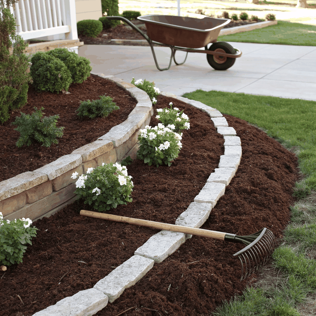 Manicured garden border with mulch and edging