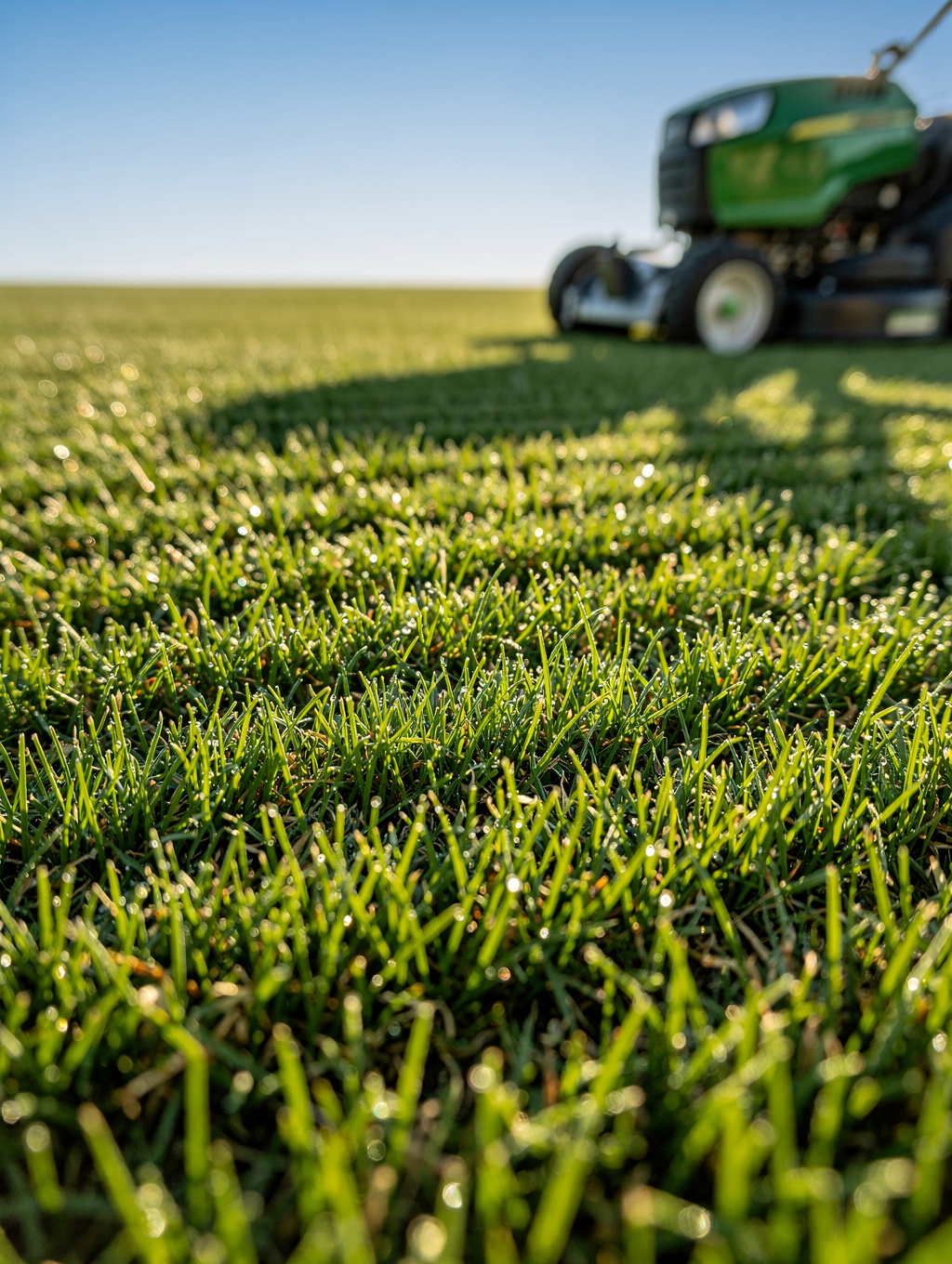 Morning dew on vibrant green grass blades