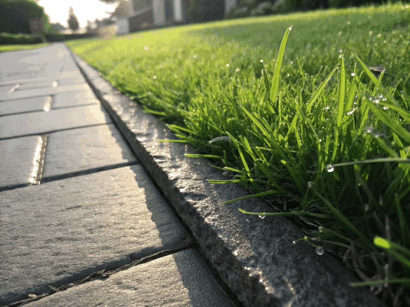 Close up of a perfectly edged lawn border against a concrete walkway